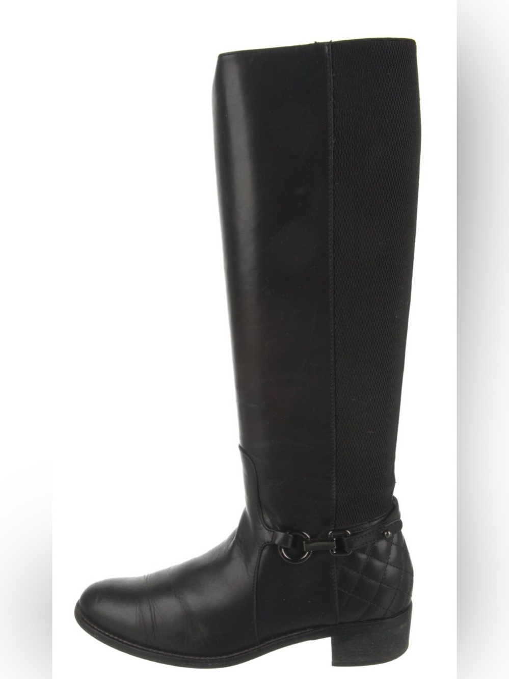 Aquatalia Oralie Quilted Black Leather Elastic Knee-High Harness Riding Boots 7
